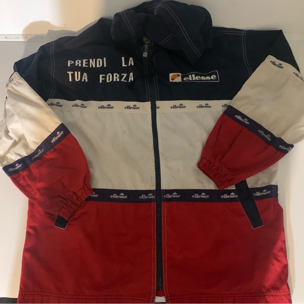 Ellesse men's large  vintage jacket red white and blue. Bold print front/back